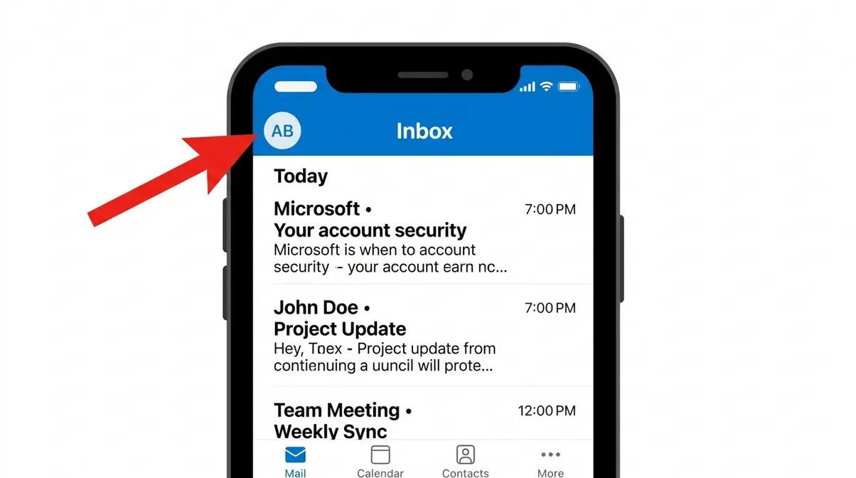 Outlook iPhone app home screen with profile icon in top-left corner highlighted by red arrow