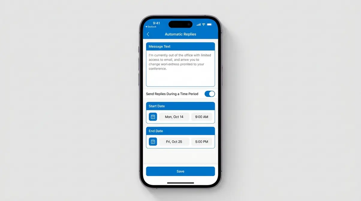 Outlook iPhone Automatic Replies scheduling screen showing start and end date fields for out of office period