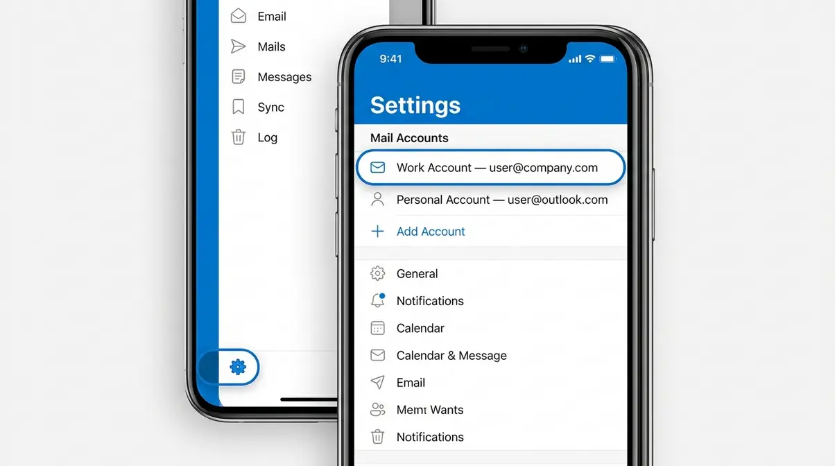 Outlook iPhone settings screen showing email accounts list with work Microsoft 365 account selected