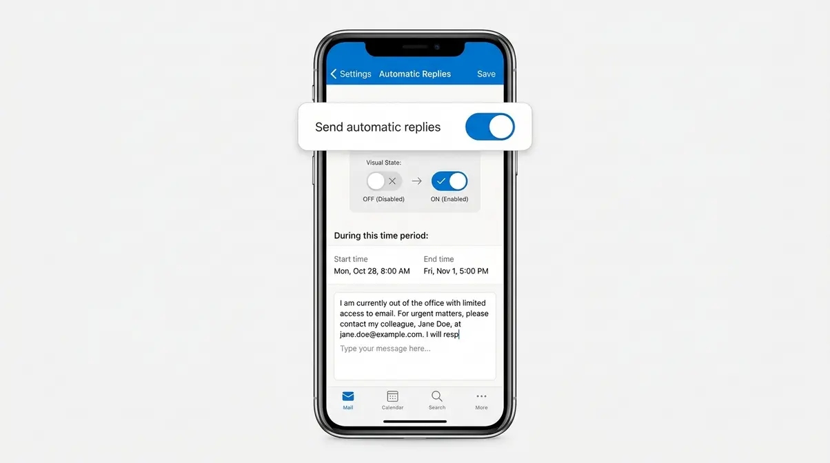 Outlook iPhone Automatic Replies screen with blue toggle switch enabled and text input field visible for out of office message