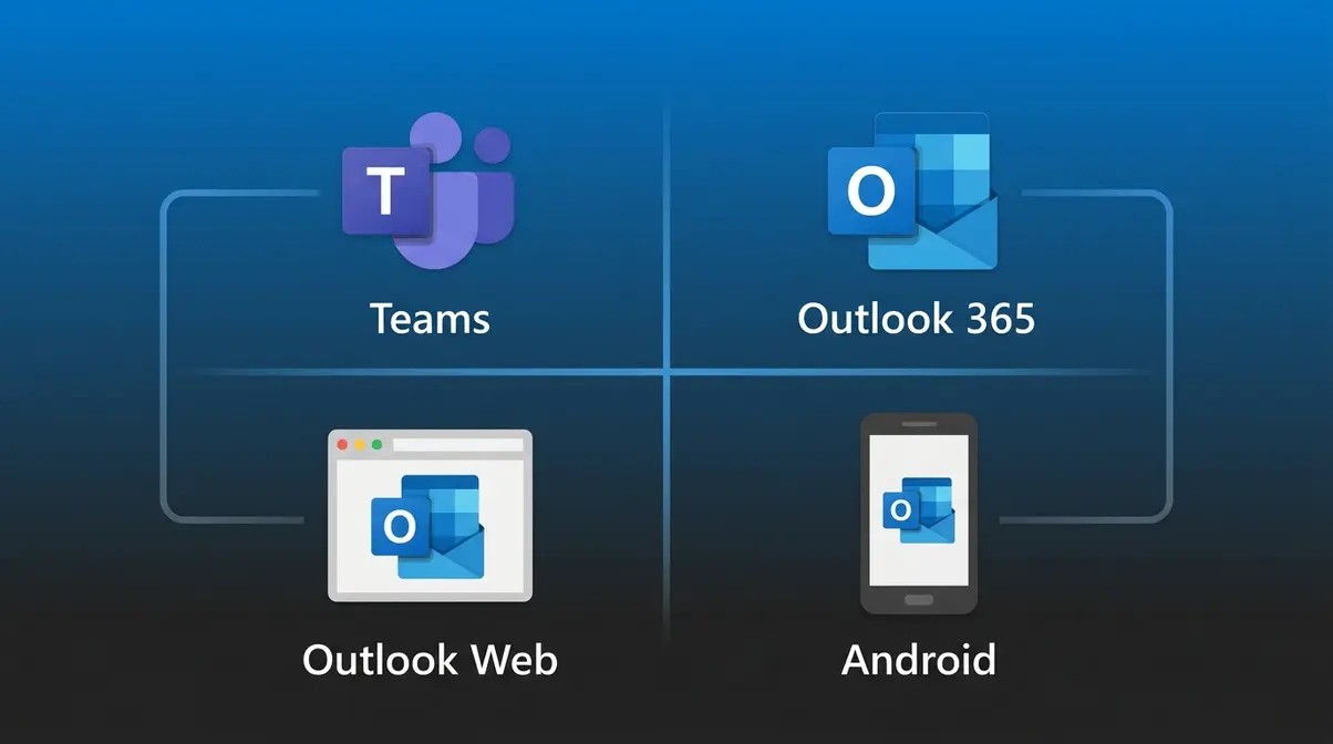 Four Microsoft platforms for setting out of office shown as icons: Teams, Outlook 365, Outlook Web, and Android