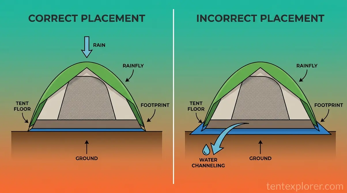 Correct versus incorrect footprint placement under a tent during heavy rain conditions