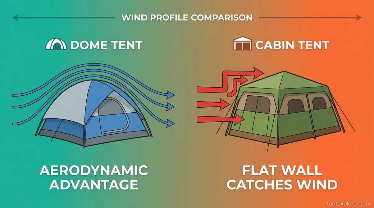 Dome vs cabin tent wind resistance comparison diagram for camping in storms