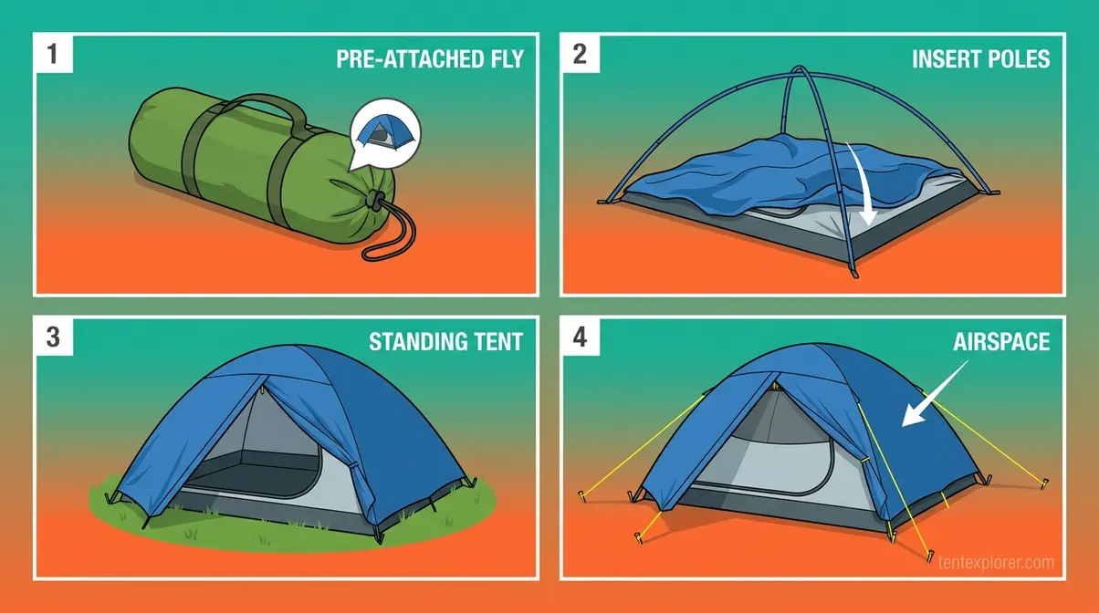 Fly-first tent pitch sequence for setting up a tent in the rain step by step
