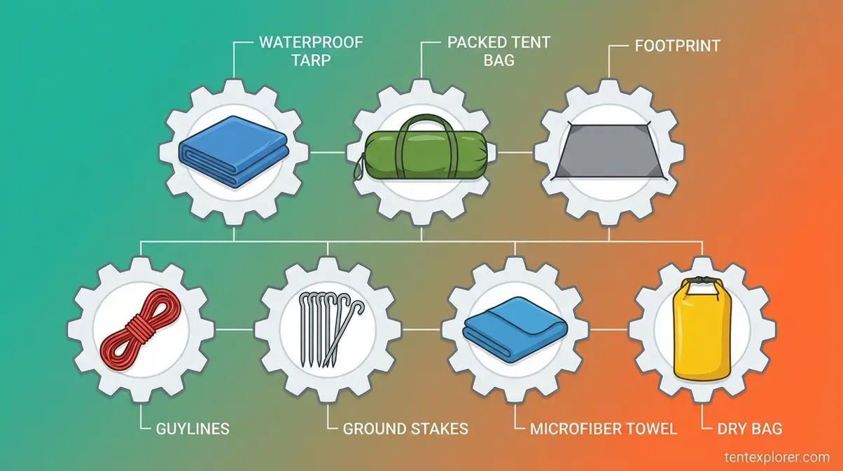 Gear needed for setting up a tent in the rain including tarp, footprint, and guylines