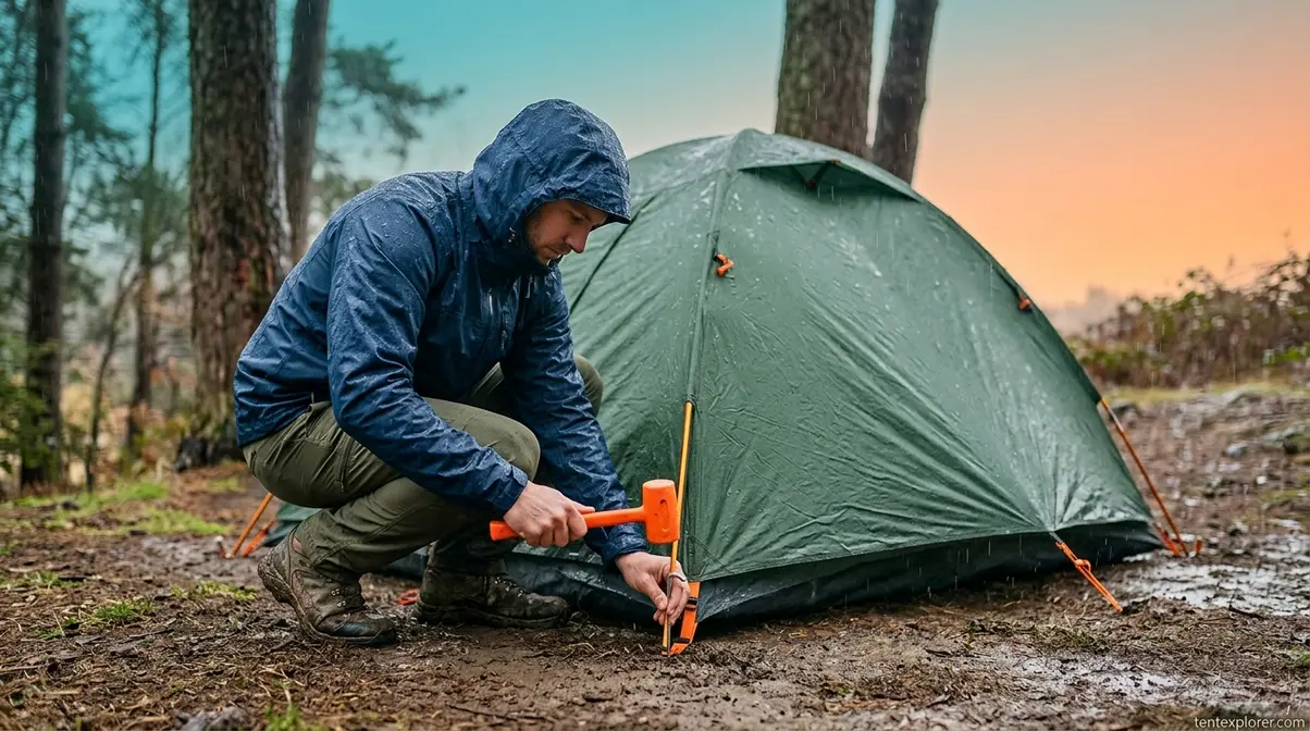 Solo camper setting up a small dome tent in the rain