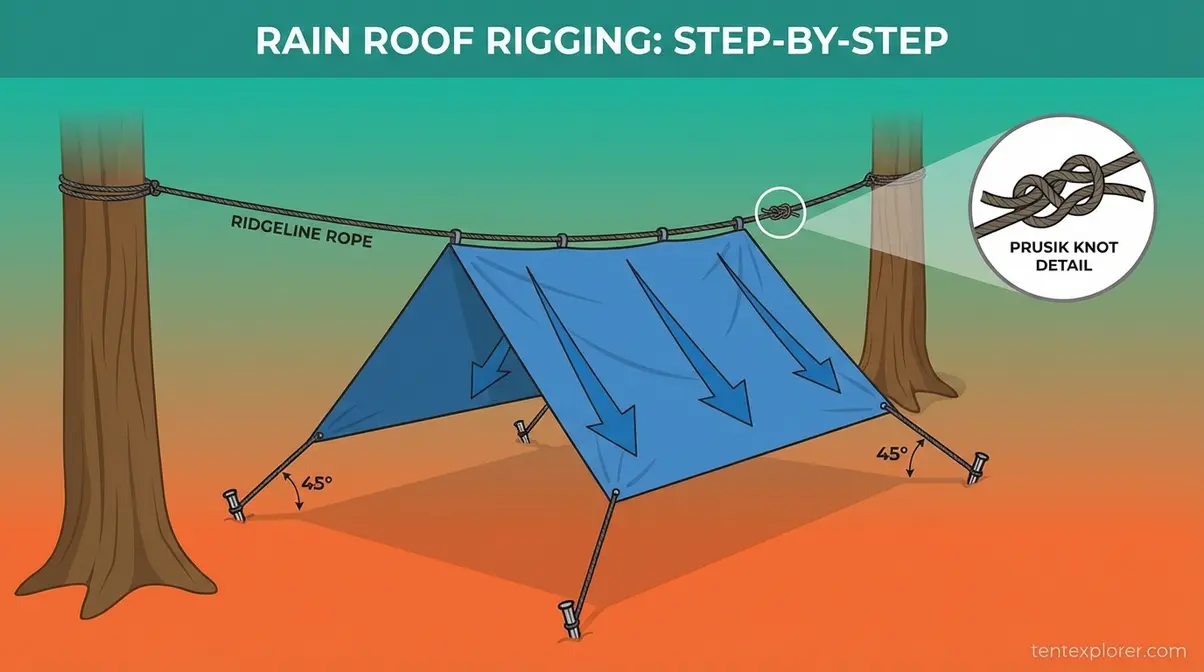 Rigging a rain roof tarp for tent setup in the rain with Prusik knot detail