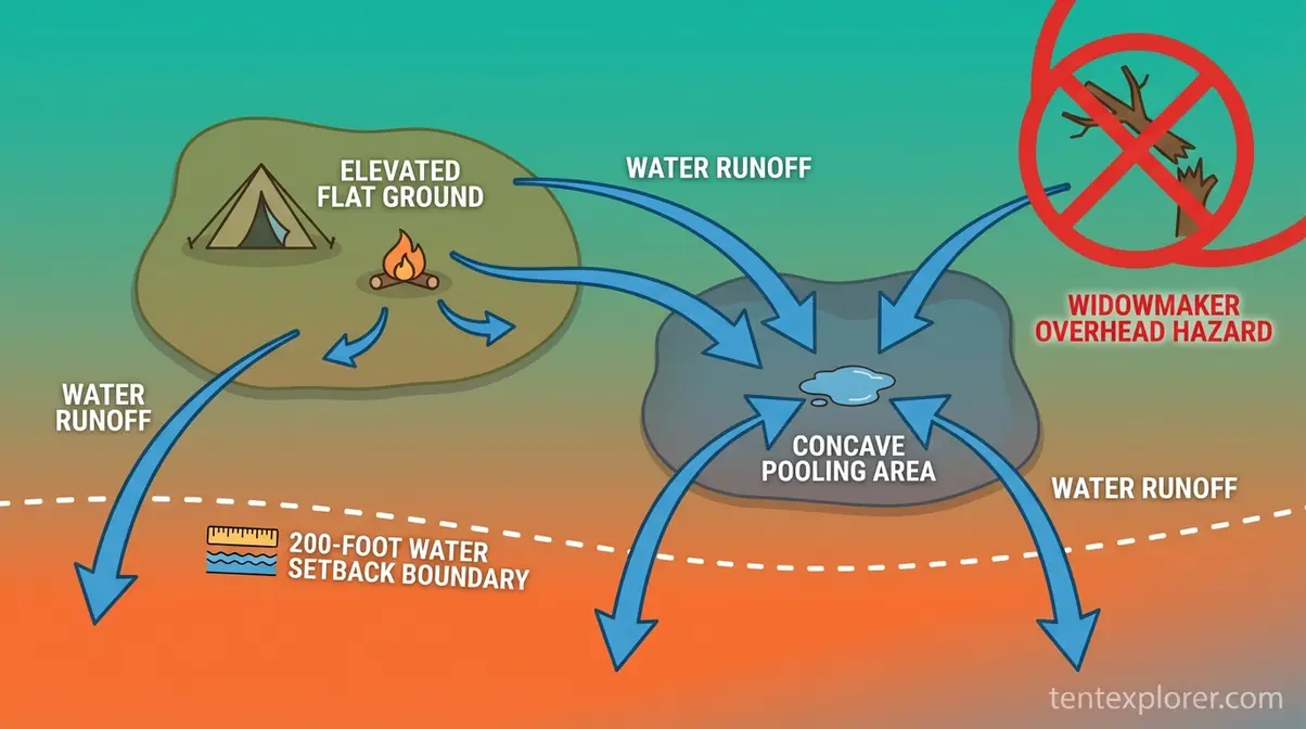 Diagram showing how to choose a campsite in the rain with drainage and hazard indicators
