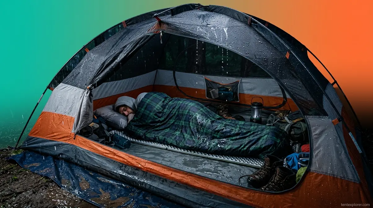 Tent interior showing condensation and water pooling from incorrect setup