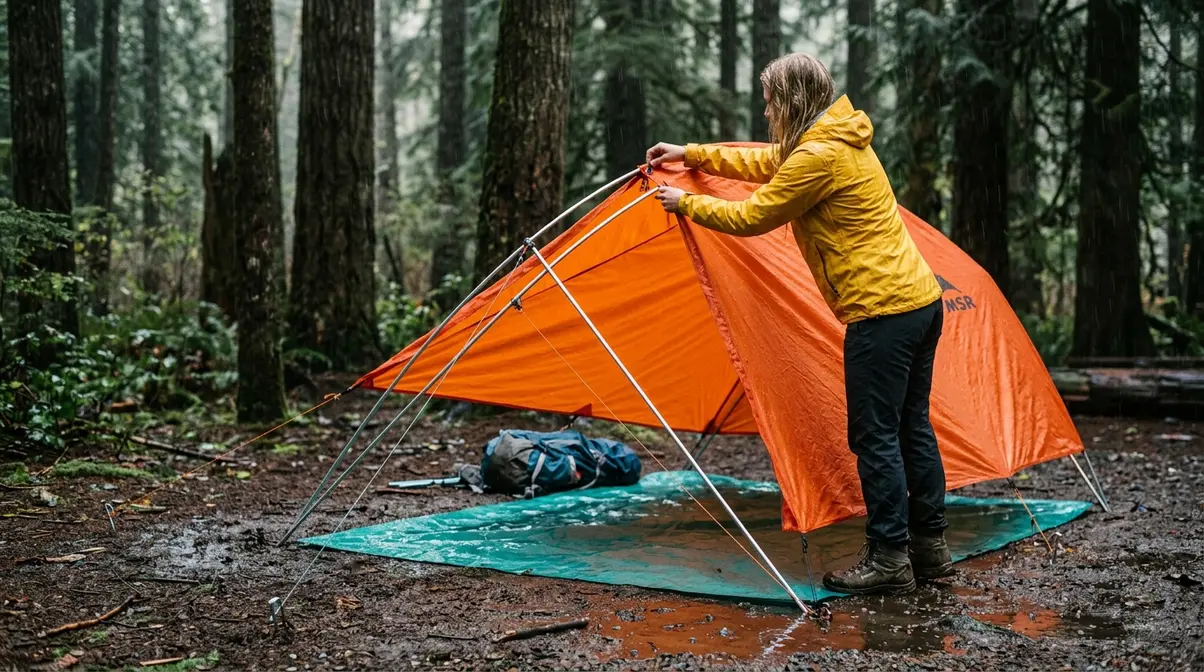 Camper in rain jacket attaching orange rainfly first in rainy weather before setting up tent body