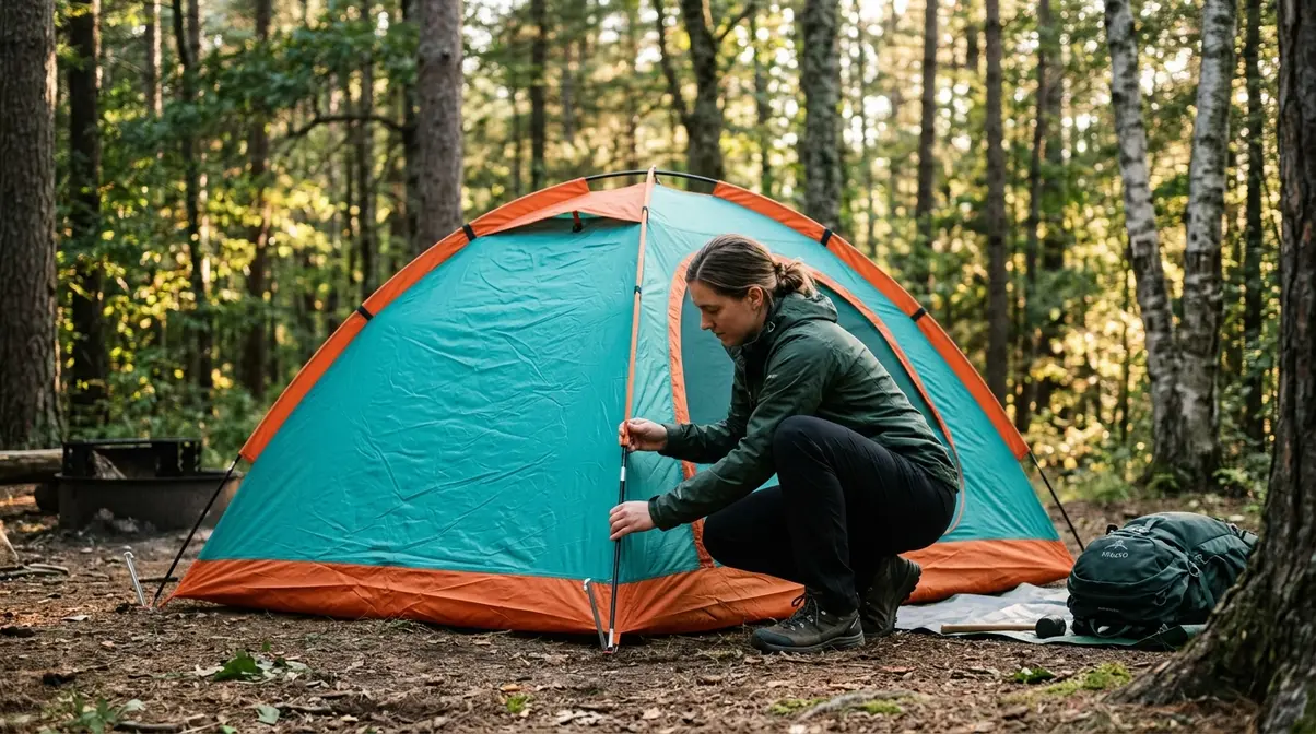Solo camper inserting tent pole into grommet while two corner stakes hold the tent body in place