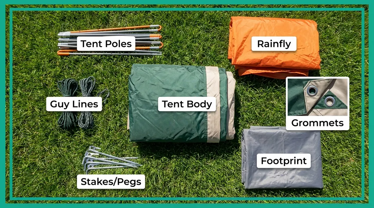 How to set up a tent — labeled flat-lay of tent body, poles, stakes, rainfly, footprint, and guy lines