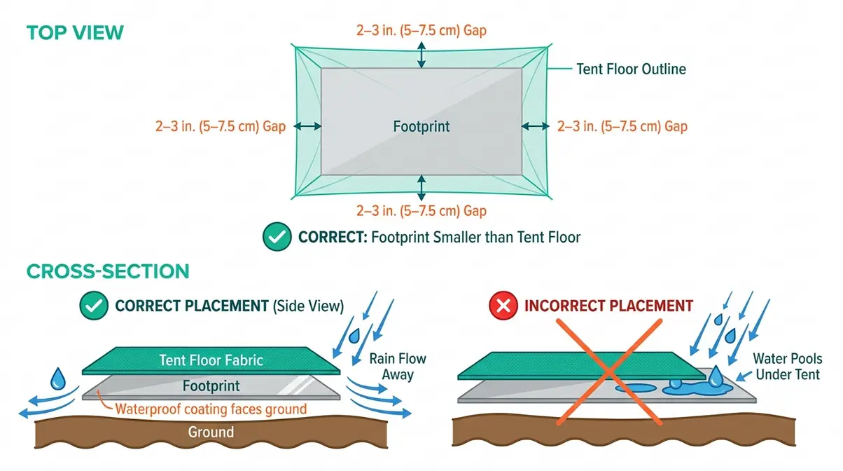 Diagram showing correct tent footprint orientation with waterproof side facing the ground