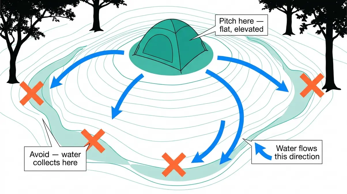 Overhead diagram showing ideal tent placement on flat ground away from water drainage channels