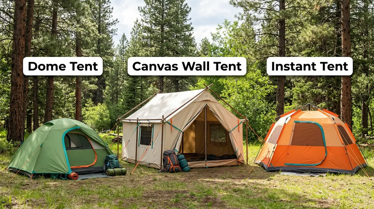 Three tent types side by side — dome tent, canvas wall tent, and instant tent — showing setup differences