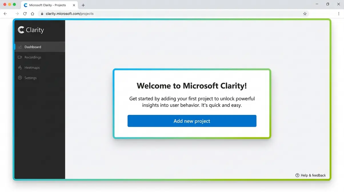 Microsoft Clarity setup dashboard showing empty project state with Add new project prompt