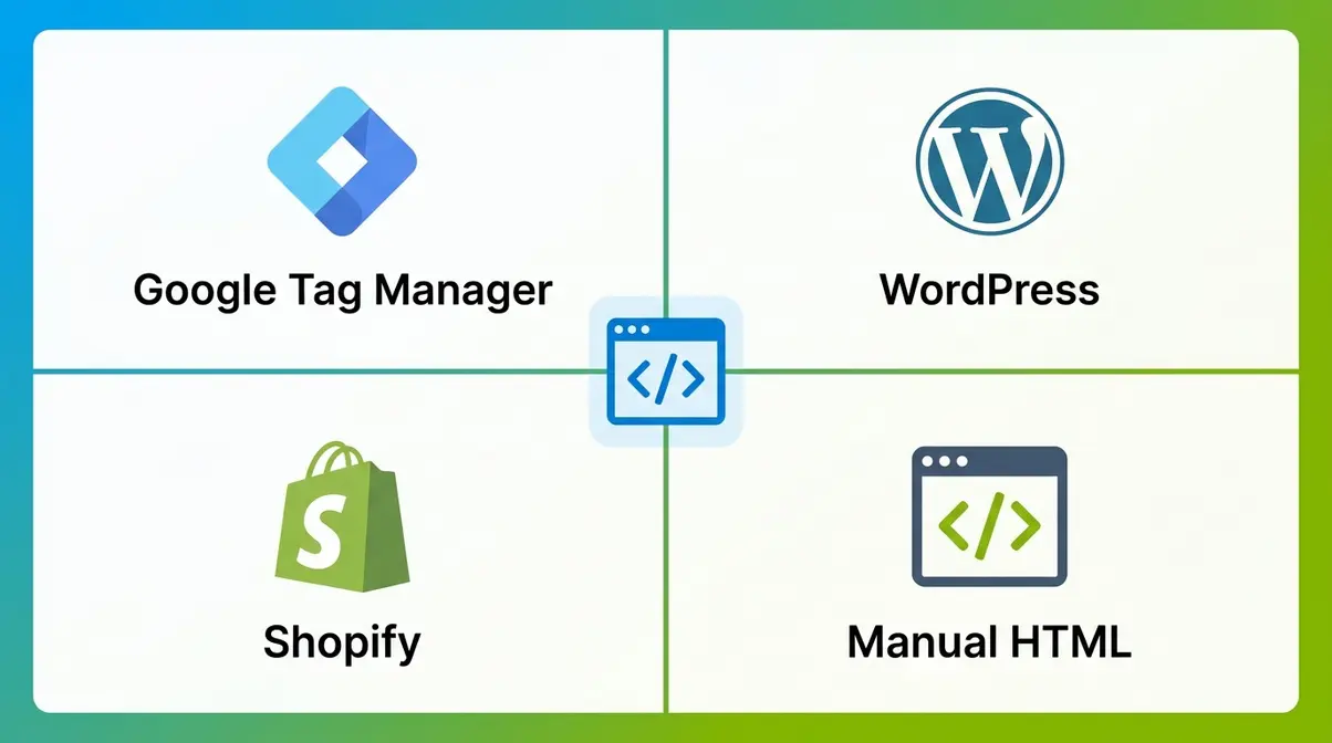 Four Microsoft Clarity installation methods: Google Tag Manager, WordPress plugin, Shopify, and manual HTML