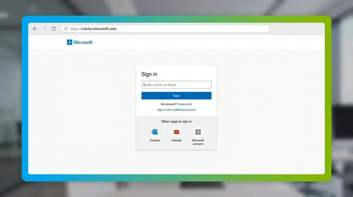 Microsoft Clarity login page at clarity.microsoft.com showing Microsoft account sign-in options