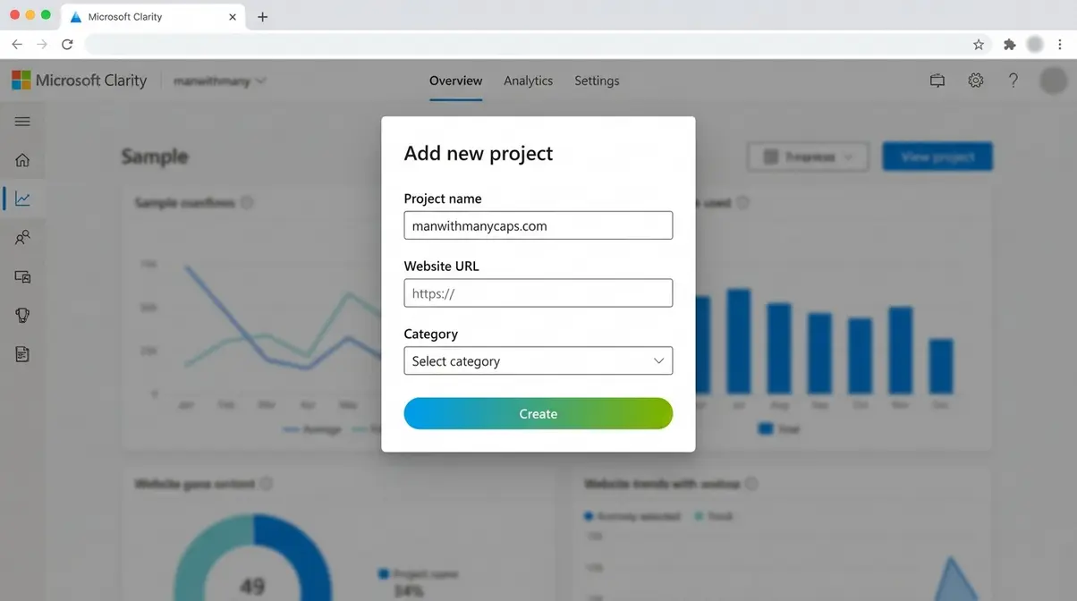 Microsoft Clarity new project creation form showing project name, URL, and category fields