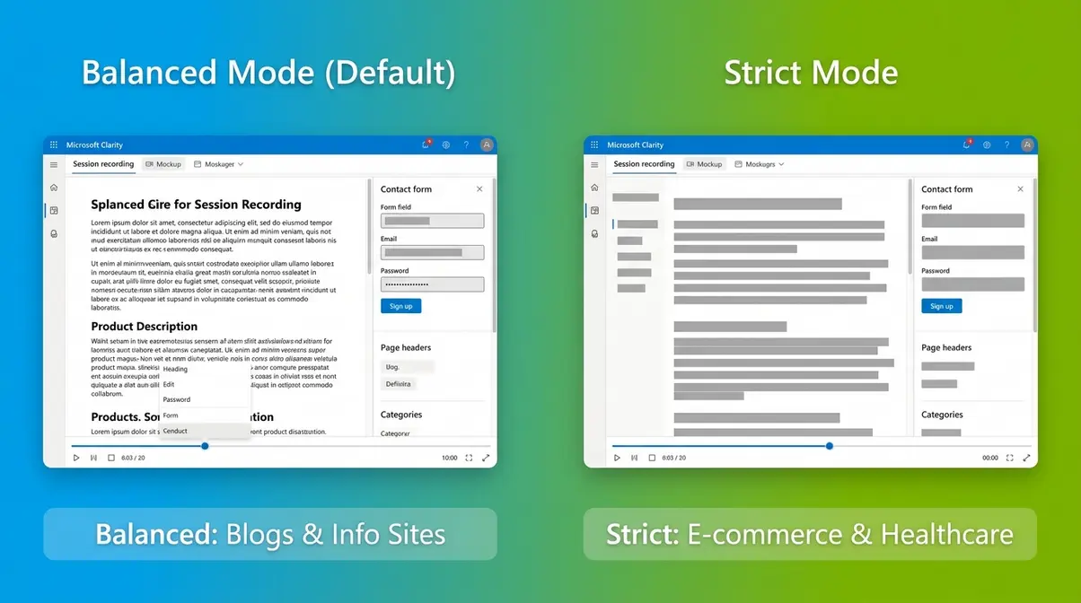 Microsoft Clarity masking mode comparison showing Balanced mode with partial masking versus Strict mode with full text masking