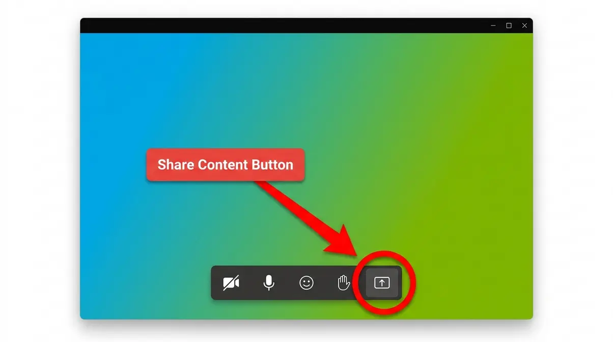 Microsoft Teams meeting toolbar with Share Content upward arrow button highlighted in red