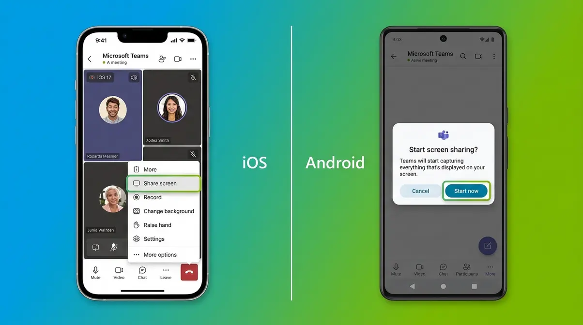 Microsoft Teams mobile screen sharing on iPhone iOS and Android devices side by side comparison