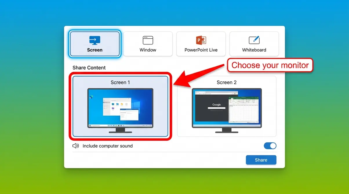 Teams Share Screen option selected with dual monitor selection thumbnails visible in panel