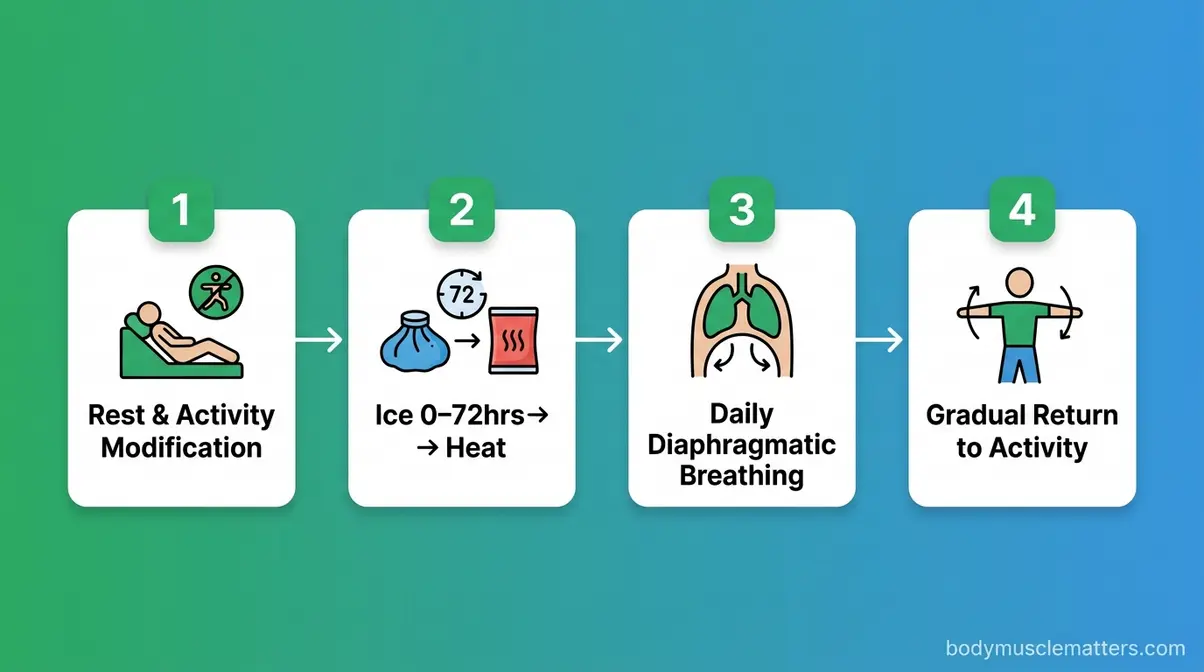 Four-step visual protocol for fastest intercostal muscle strain recovery including rest ice heat and breathing