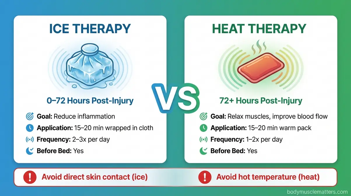 Comparison chart showing ice therapy for first 72 hours versus heat therapy after 72 hours for intercostal strain