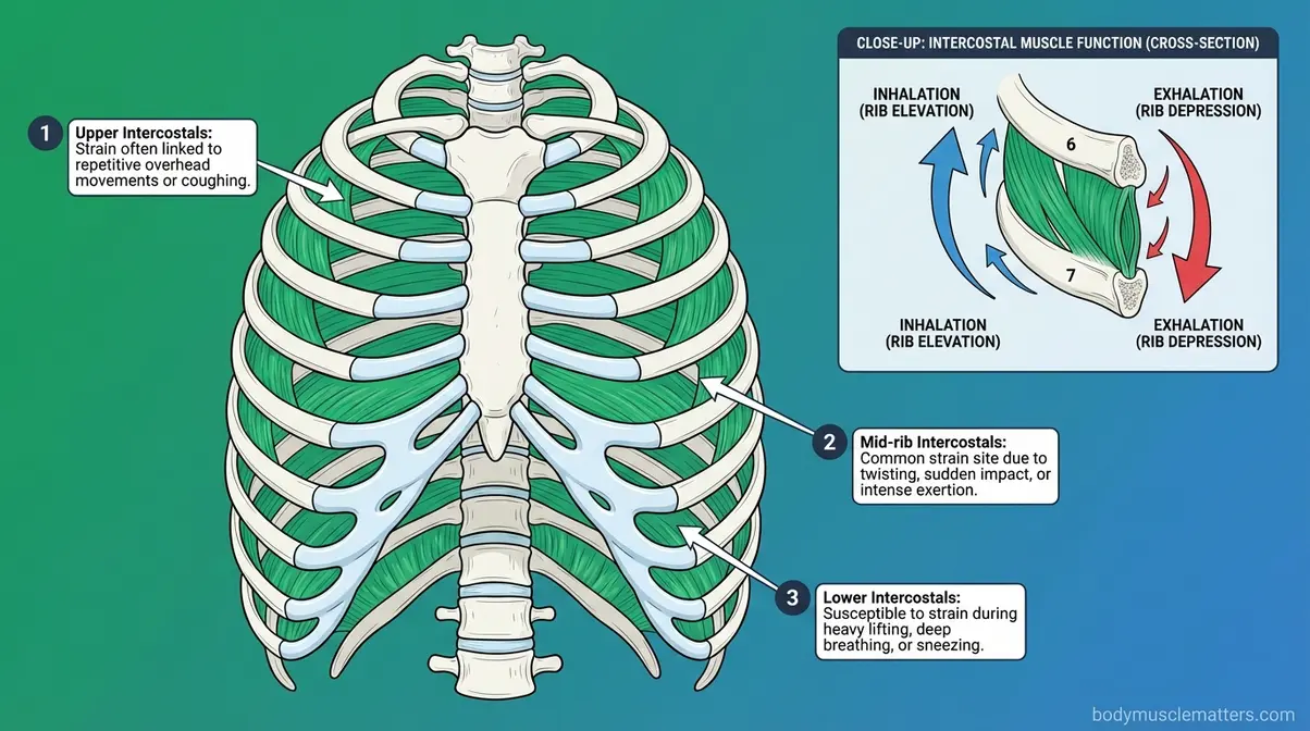 Anatomy diagram of intercostal muscles between ribs showing common strain zones and breathing movement