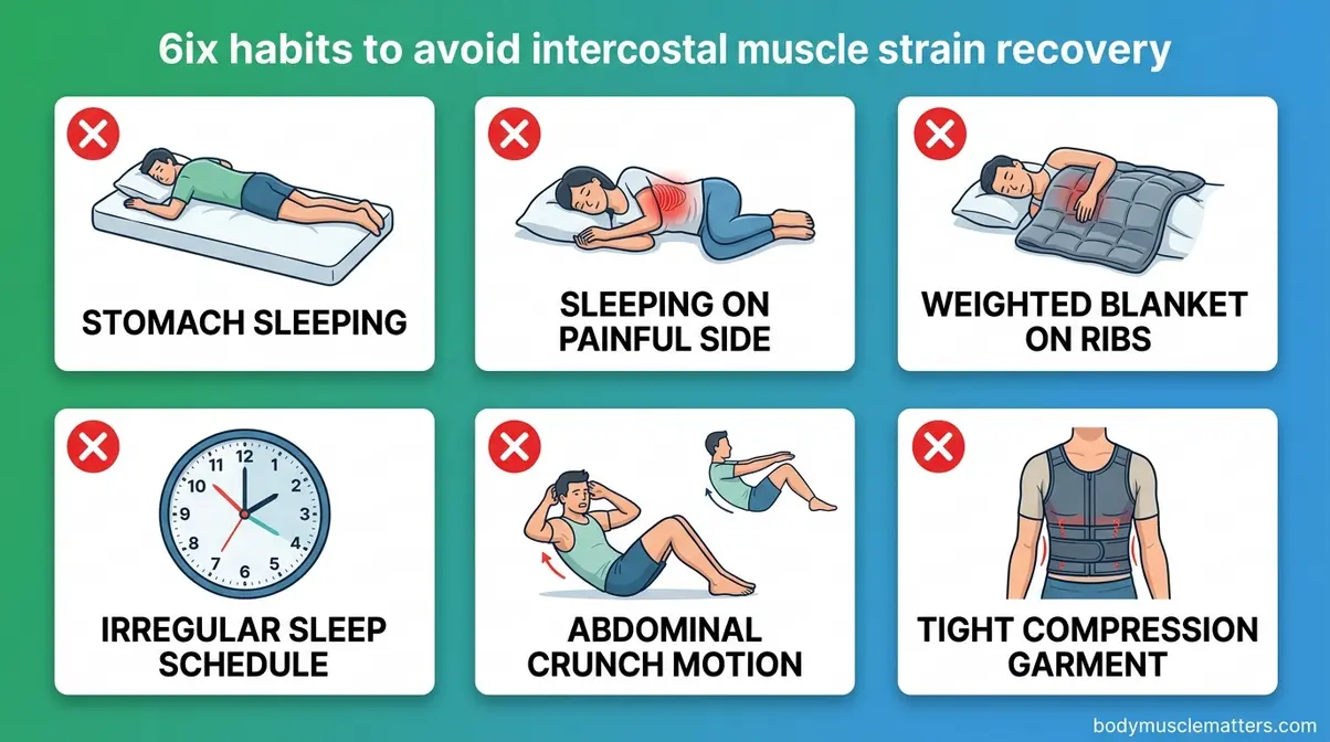 Six habits to avoid during intercostal muscle strain recovery including stomach sleeping and weighted blankets