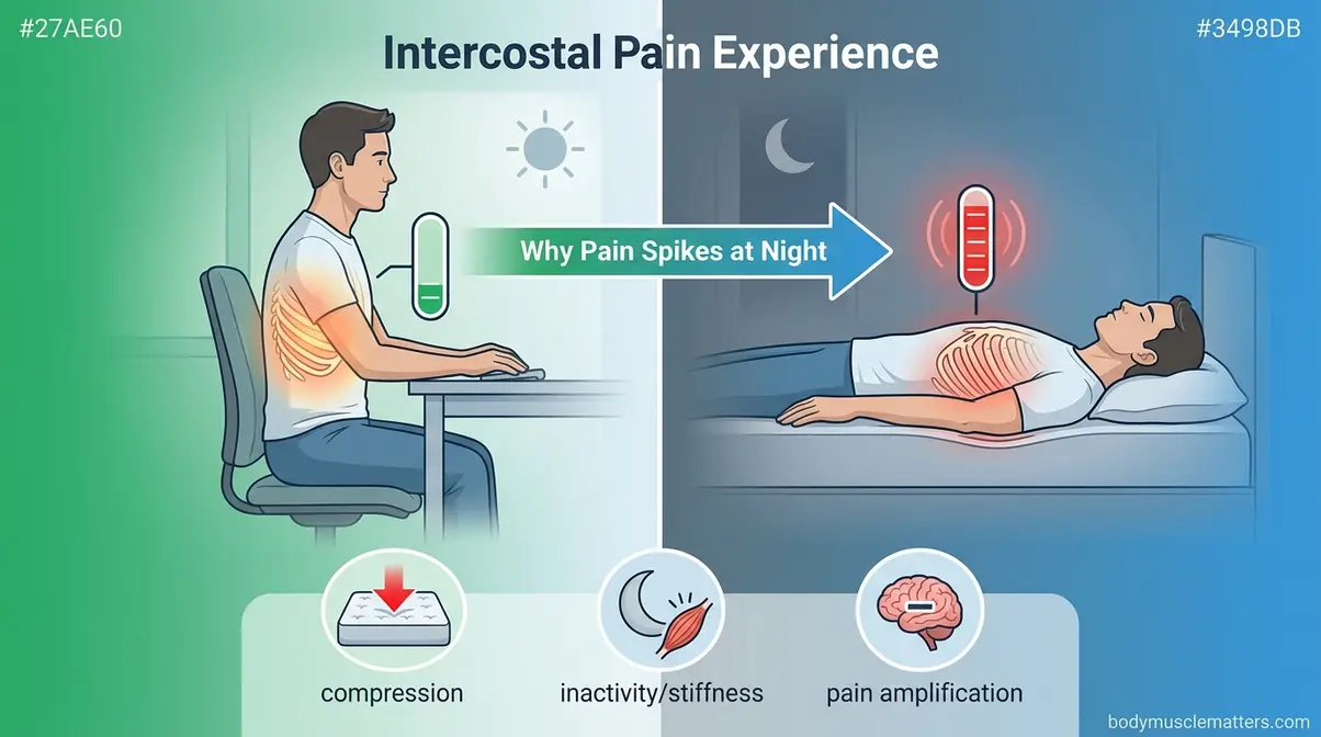 Medical illustration showing why intercostal muscle strain pain intensifies when lying flat at night