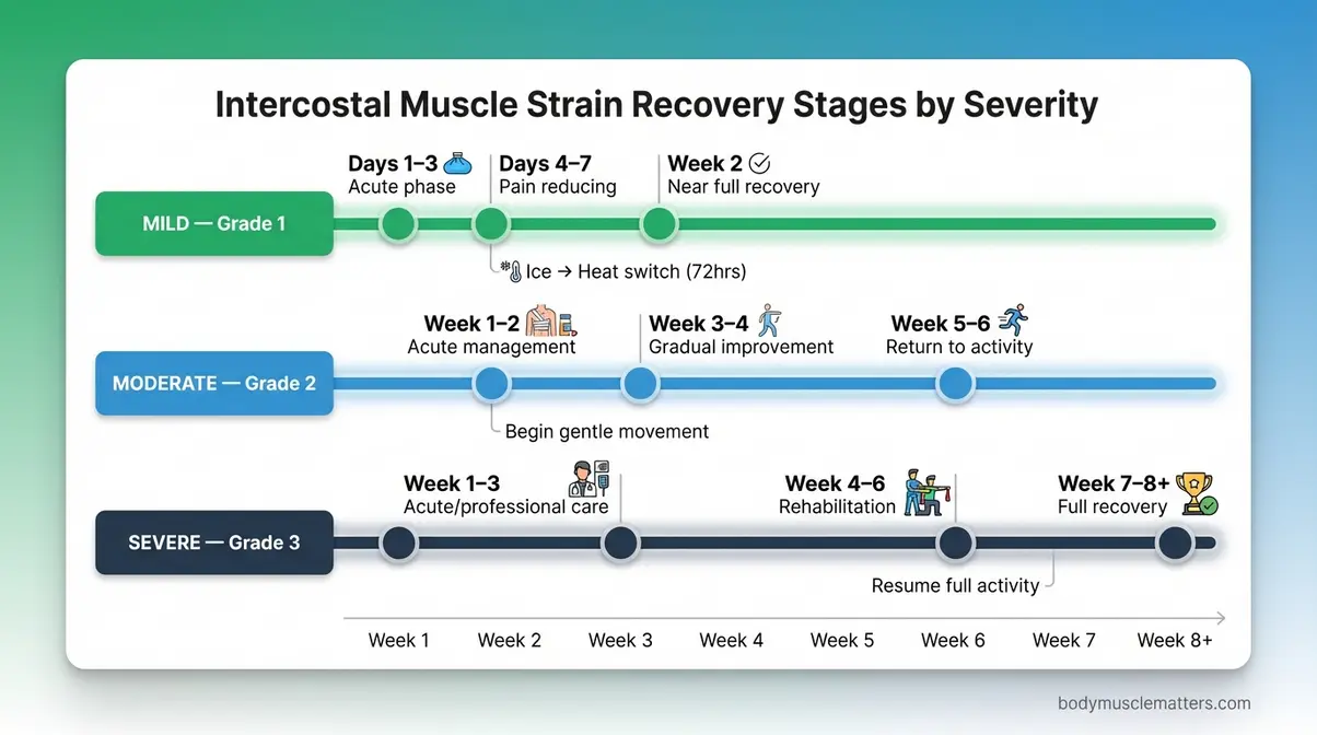 Recovery timeline infographic for mild moderate and severe intercostal muscle strain showing week-by-week milestones