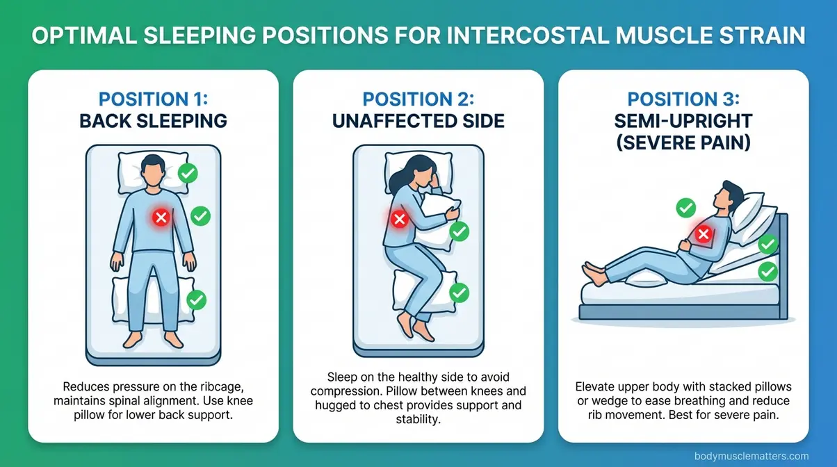 Infographic showing three safe sleeping positions for intercostal muscle strain with pillow placement guides