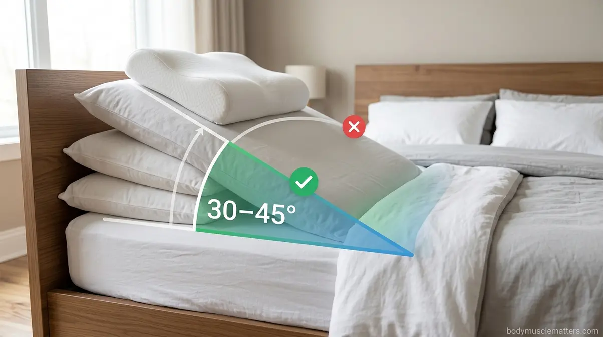 Wedge pillow setup at 30 to 45 degrees for semi-upright sleeping position with severe intercostal rib pain