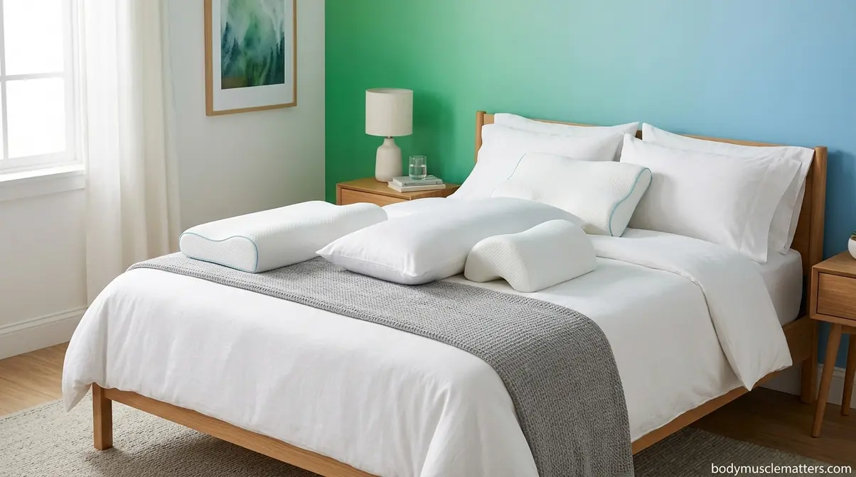 Three-pillow Rib Relief Triangle setup on bed for intercostal muscle strain sleep positioning