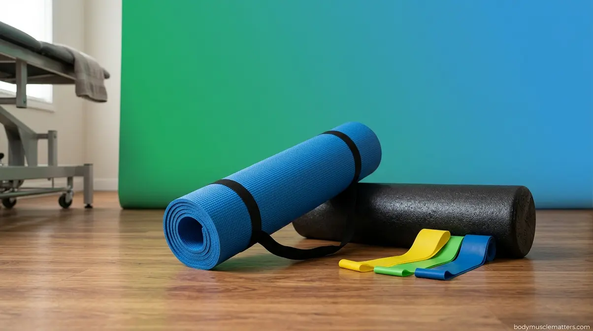 Exercise mat and resistance bands for gentle active recovery and mobility exercises