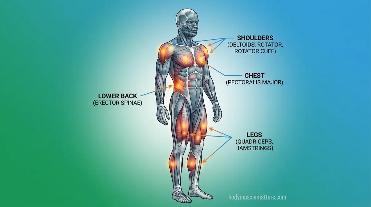 Anatomical diagram highlighting common strain locations in the back, shoulders, and legs