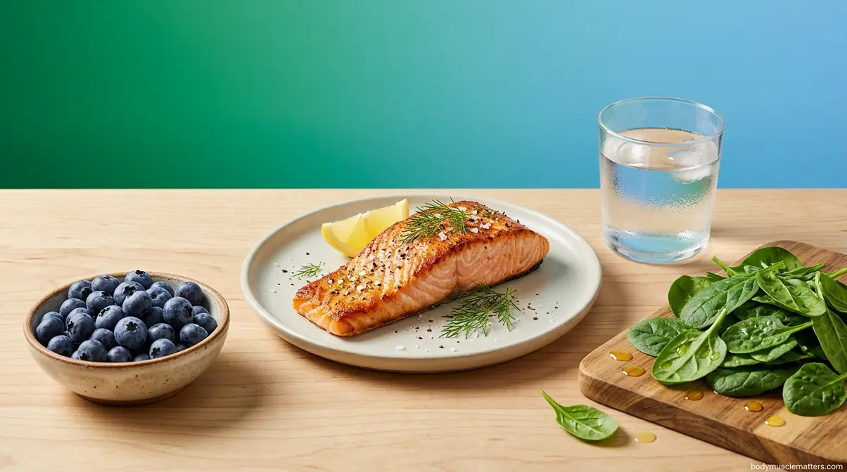 High-protein and anti-inflammatory foods like salmon and blueberries for muscle repair