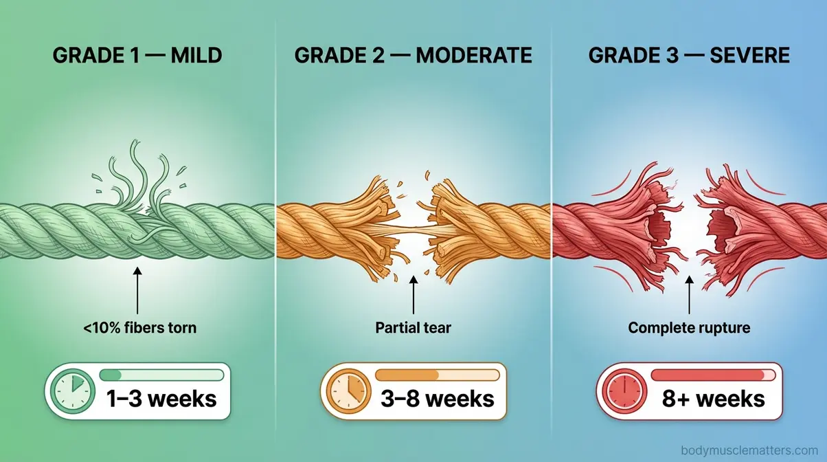 Medical illustration showing Grade 1, 2, and 3 muscle strain severity levels