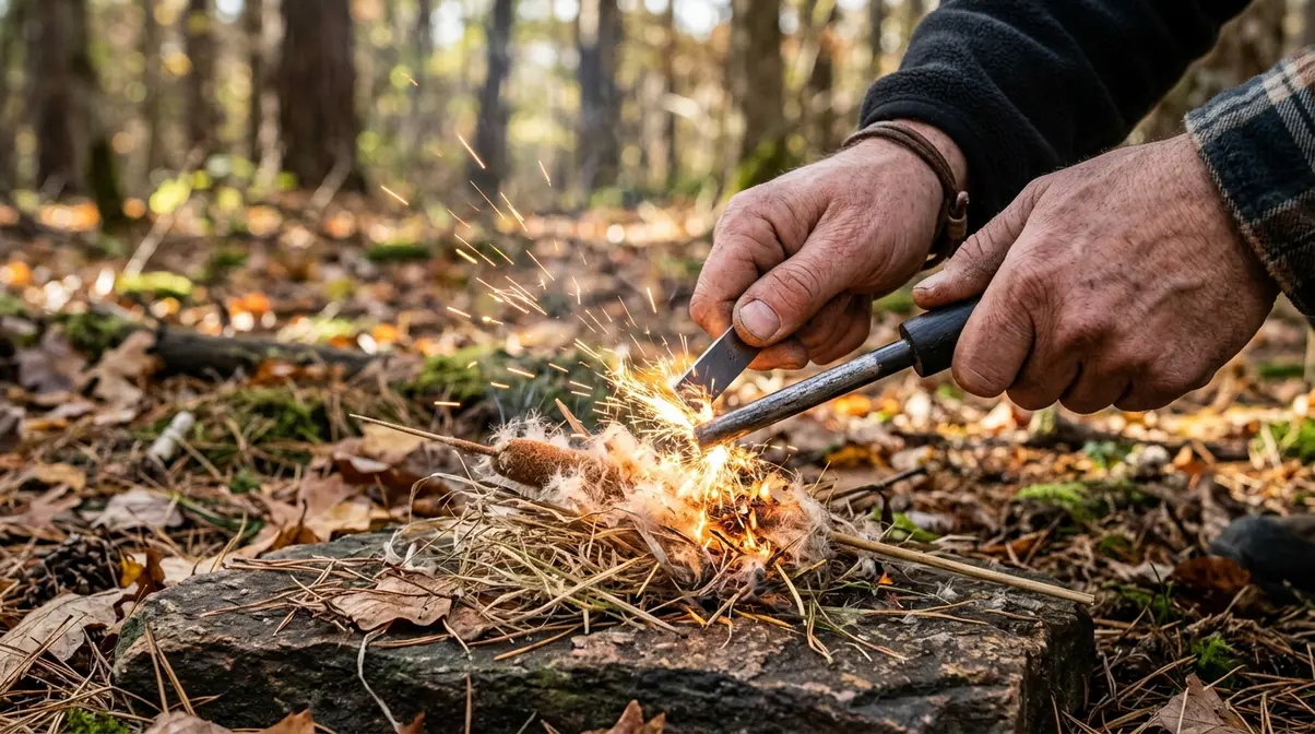 Hands striking a ferro rod over a dry tinder bundle as an alternative campfire starting method in a forest