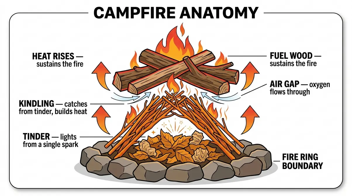 Labeled diagram showing campfire anatomy with tinder, kindling, and fuel wood layers for how to start a campfire safely