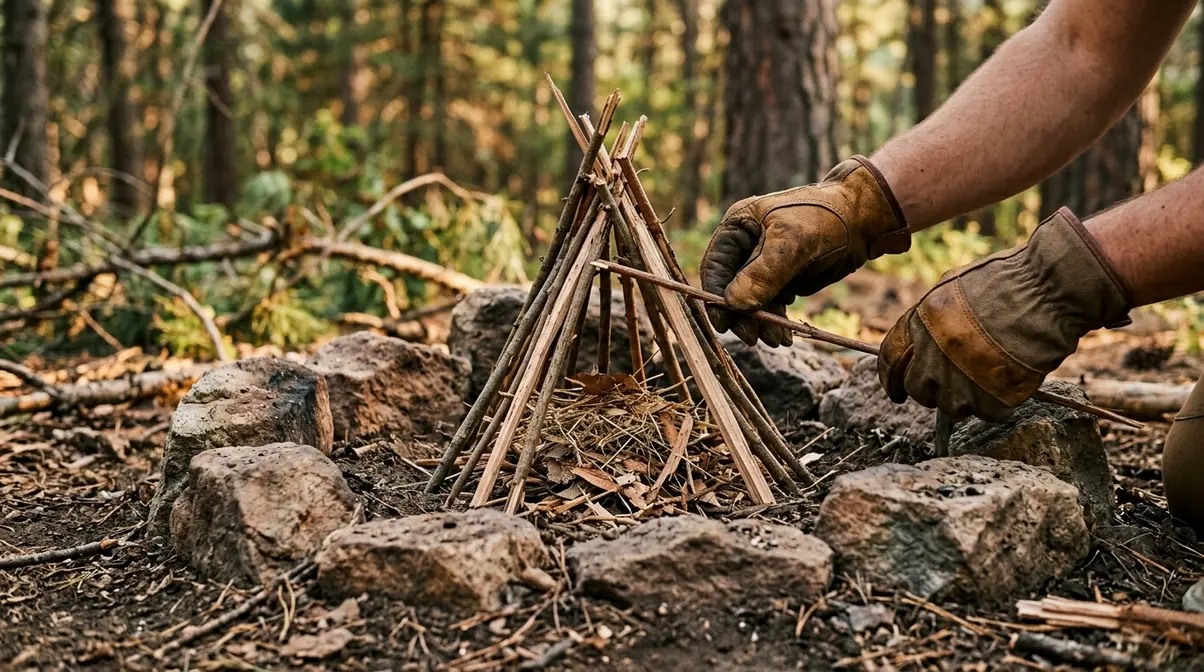 Gloved hands building a teepee fire lay with kindling around tinder in a stone fire ring