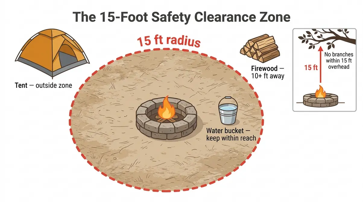 Aerial diagram showing the required 15-foot campfire safety clearance zone with tent, firewood, and water bucket placement