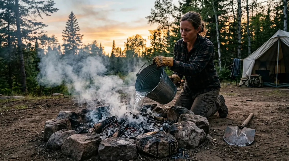 Camper pouring water from a bucket onto a campfire to extinguish it using the Drown Stir Feel method