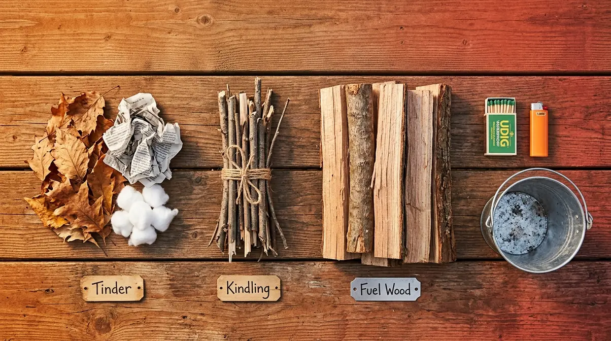 Flat-lay of campfire materials showing tinder, kindling, and fuel wood organized before building a fire