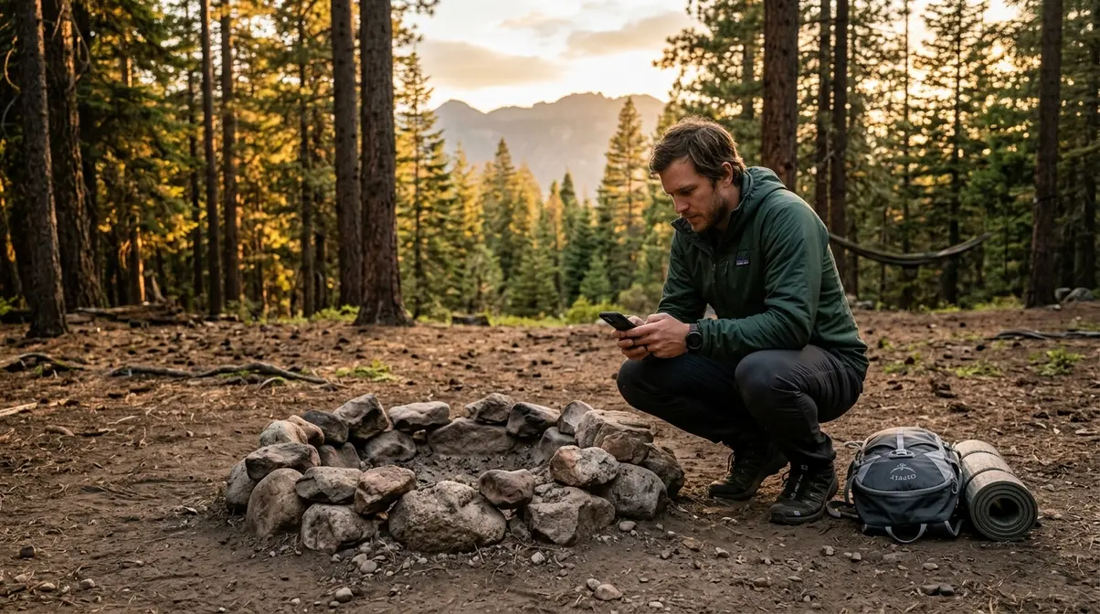 Camper checking fire regulations on a smartphone beside a stone fire ring at a forest campsite