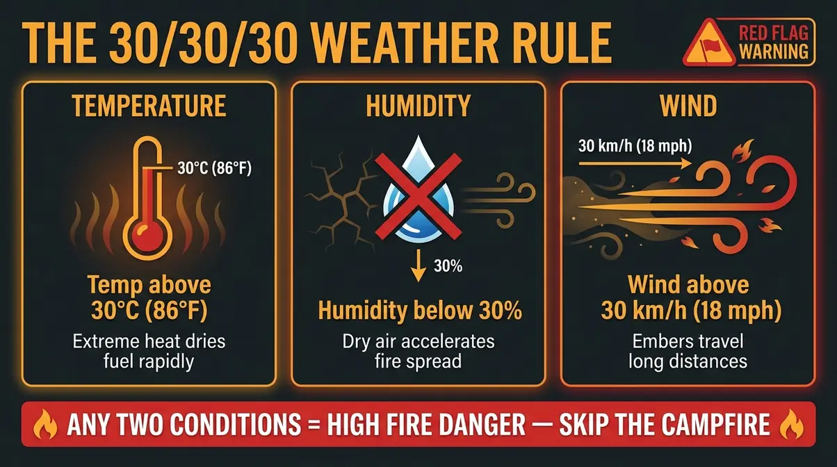 Infographic explaining the 30/30/30 weather rule for campfire safety with temperature, humidity, and wind thresholds