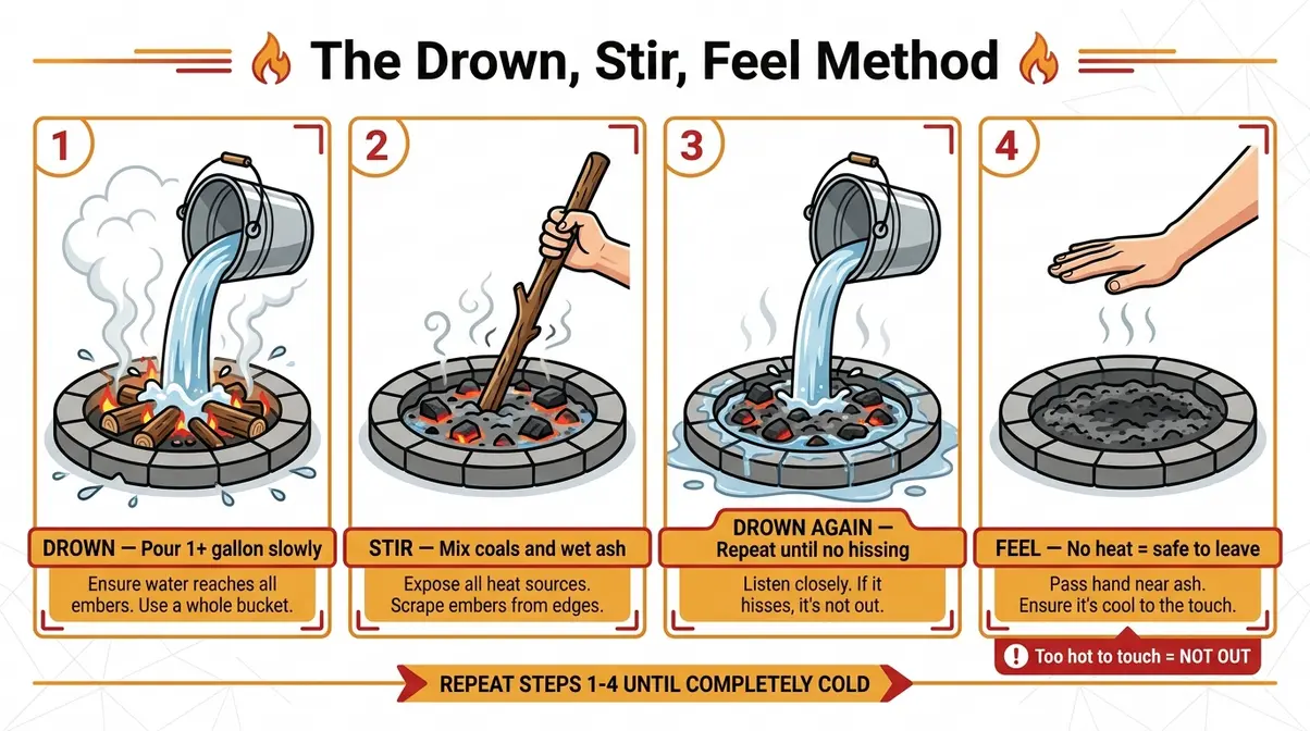 Four-panel illustration of the Drown Stir Feel campfire extinguishing method showing pouring water, stirring ash, second pour, and hand-feel test