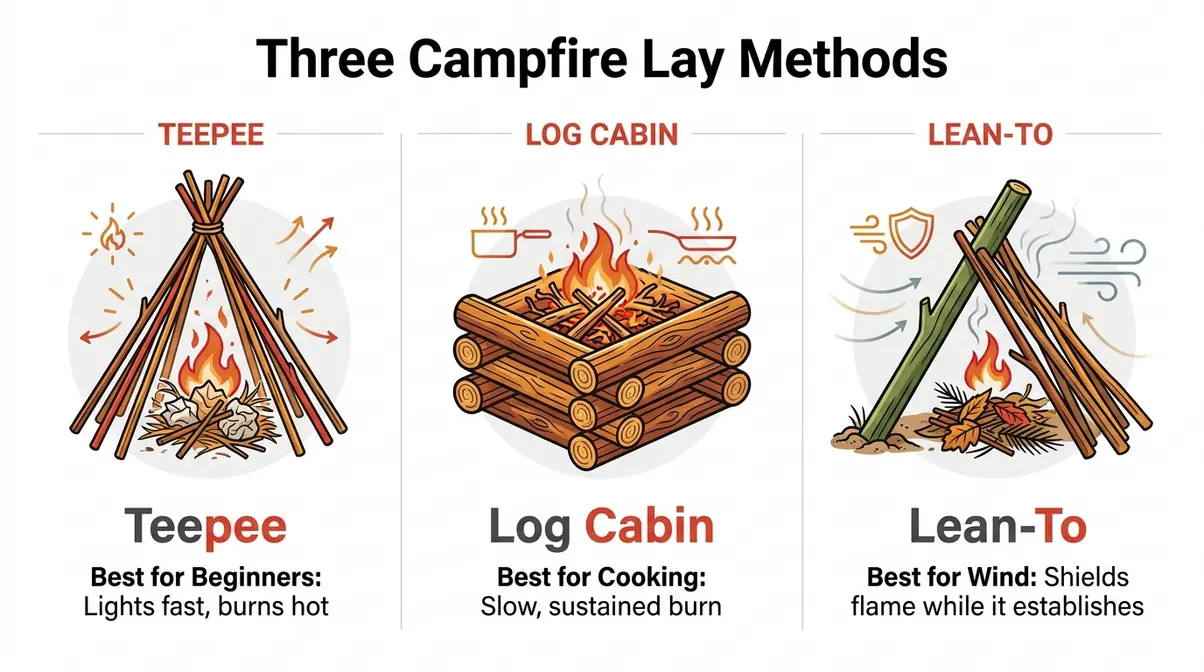 Side-by-side illustration of teepee, log cabin, and lean-to campfire lay methods with labeled components